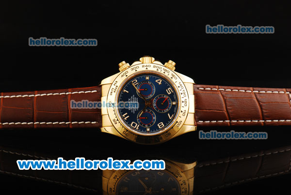 Rolex Daytona Chronograph Swiss Valjoux 7750 Automatic Movement Gold Case with Blue Dial and Brown Leather Strap - Click Image to Close